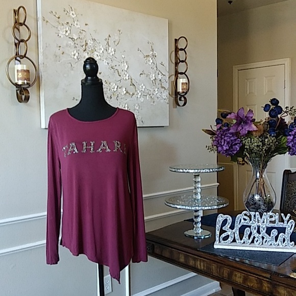 Burgundy Asymmetrical Long Sleeves Embellished Top By Tahari. Size L - Picture 15 of 17